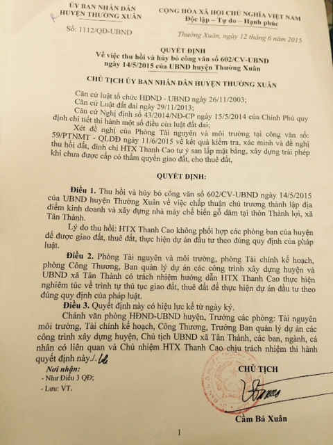 Quyết định thu hồi công văn 602/CV-UBND ngày 14/05/2015, về việc chấp thuận chủ trương thành lập địa điểm kinh doanh và xây dựng nhà máy chế biến gỗ dăm tại thôn Thành Lợi, xã Tân Thành.