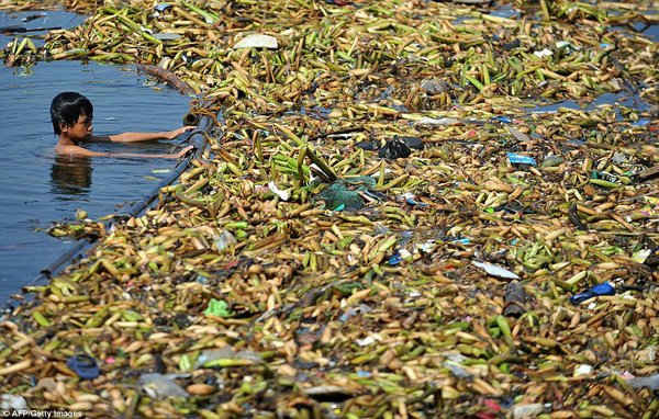 Một cậu bé bơi trong vùng nước đầy rác thải thuộc vịnh Manila