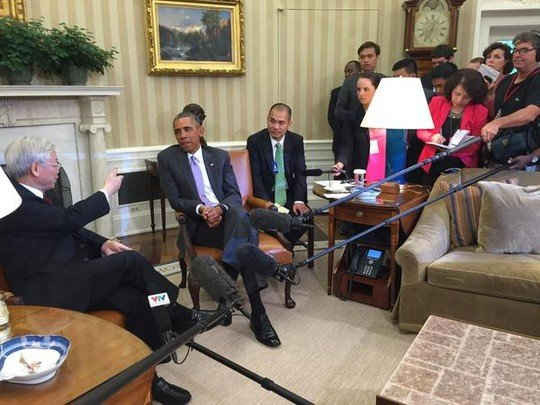 Tổng thống Mỹ Barack Obama tiếp Tổng Bí thư Nguyễn Phú Trọng tại Nhà Trắng trưa 7-7 (giờ địa phương). Ảnh: Twitter