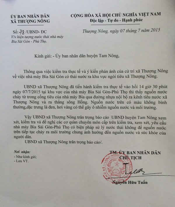 - Văn bản của UBND xã Thượng Nông gửi UBND huyện Tam Nông 