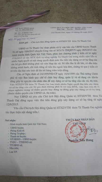 Quyết định của UBND xã Tả Thanh Oai chỉ đạo HTXDVTH dừng ngay việc thu tiền đóng góp cơ sở hạ tầng từ ngày 12/6/2015