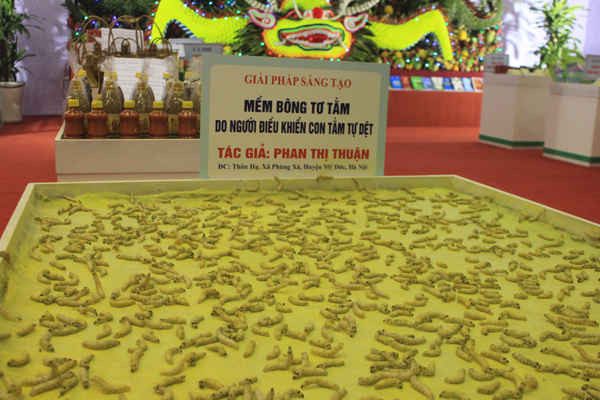 Mềm bông tơ tằm tự dệt, một sản phẩm được đăng kí thương hiệu độc quyền gây chú ý tại gian trưng bày của Hội nông dân Việt Nam.