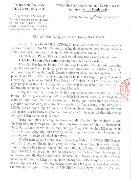 Công văn trả lời của UBND huyện Phong Thổ
