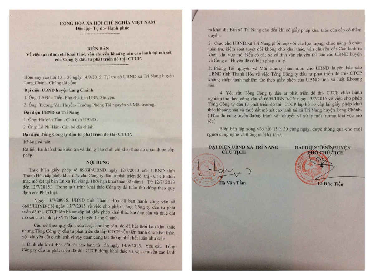 Biên bản đình chỉ của UBND huyện Lang Chánh không cần kiểm tra tại mỏ 