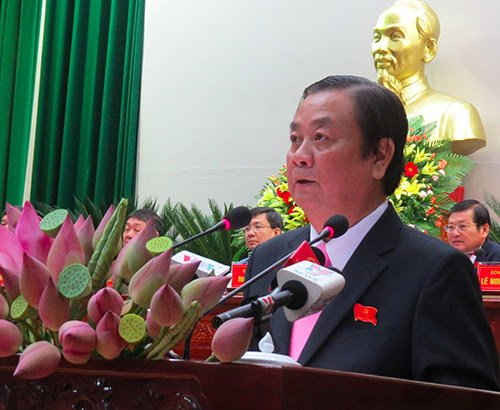 Bí thư Tỉnh ủy Đồng Tháp Lê Minh Hoan phát biểu tại Đại hội. 