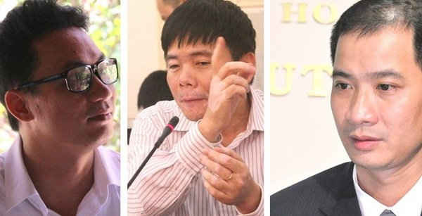 Các luật sư: Nguyễn Văn Quynh, Trần Vũ Hải và Nguyễn Tấn Thi (từ trái sang) bức xúc trước tin 2 đồng nghiệp bị hành hung.
