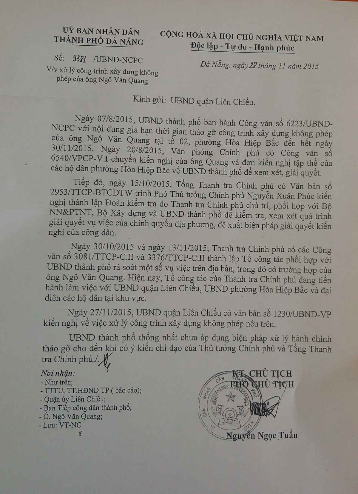 Văn bản của UBND TP Đà Nẵng tạm dừng tháo dỡ biệt phủ.