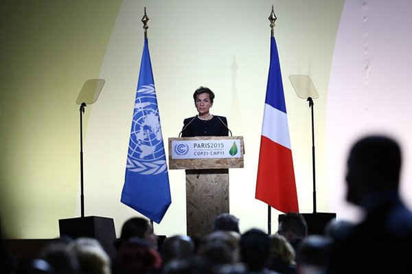Giám đốc Ủy ban khí hậu của LHQ Christiana Figueres phát biểu tại lễ khai mạc. Ảnh: Carl Court / Getty Images