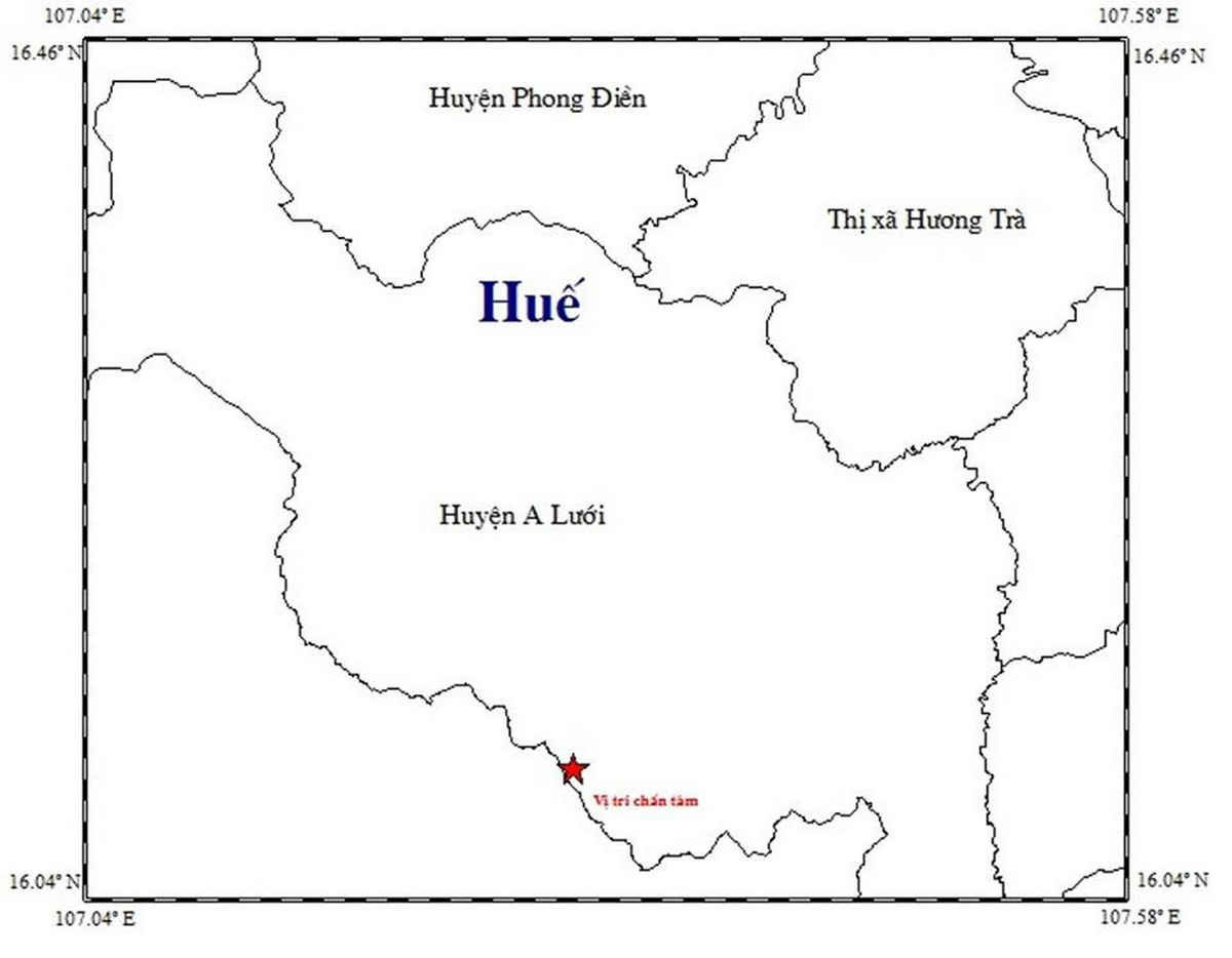Bản đồ biểu thị trận động đất xảy ra tại khu vực huyện A Lưới, tỉnh Thừa Thiên-Huế. (Nguồn: Viện Vật lý địa cầu)
