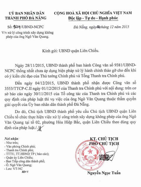 Công văn số 9609/UBND-NCPC ngày 04/12/2015 V/v xử lý xây dựng công trình không phép của ông Ngô Văn Quang của UBND TP. Đà Nẵng