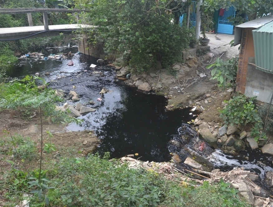Nước đầu nguồn sông Phú Lộc tại tổ 14 Hòa Khánh Nam, Liên Chiểu, gần khu vực bãi rác bị ô nhiễm nặng