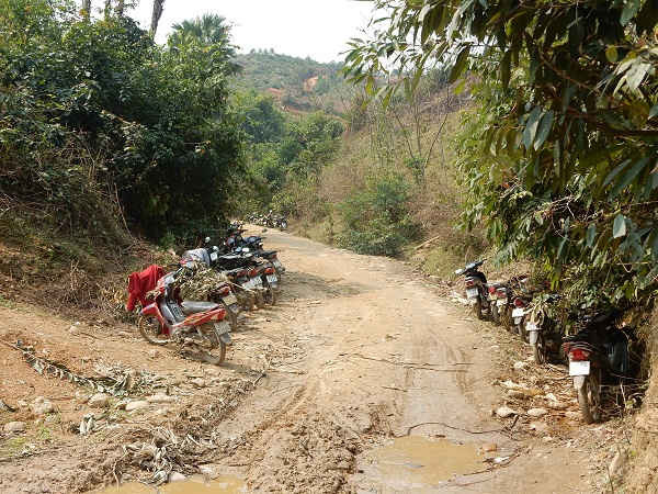 Hàng chục chiếc xe máy của người dân dùng để đi “mót” và vận chuyển gỗ Pơ mu