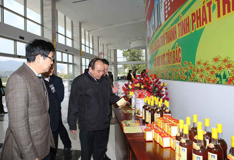 Phó Thủ tướng Chính phủ Nguyễn Xuân Phúc tham quan một số sản phẩm đặc trưng của vùng núi phía Bắc. 