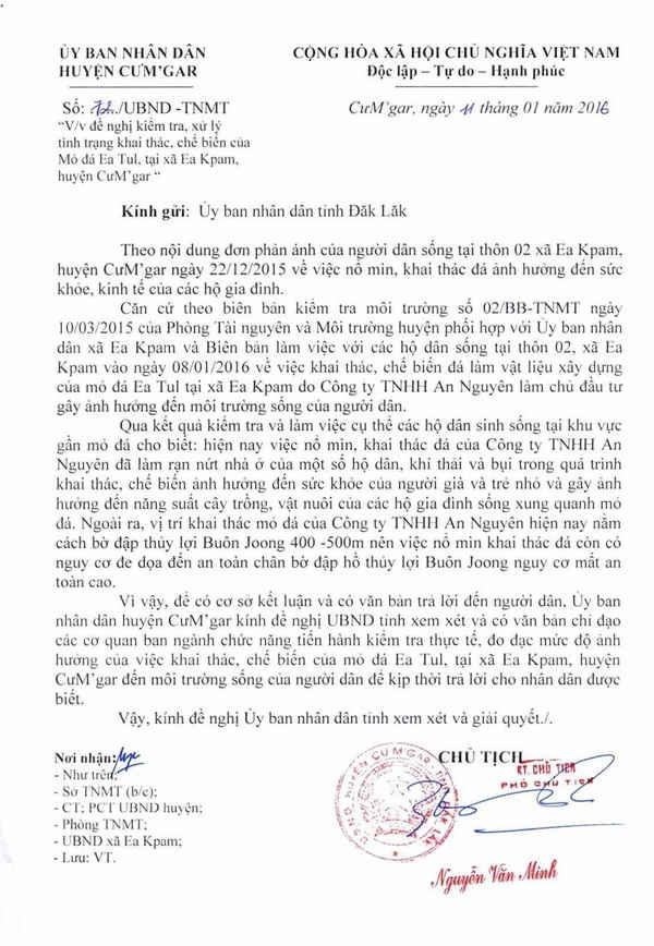 UBND huyện Cư M’gar có văn bản đề nghị UBND tỉnh Đắk Lắk chỉ đạo các đơn vị có liên quan tiến hành kiểm tra, xử lý việc nổ mìn khai thác đá của Cty An Nguyên. 