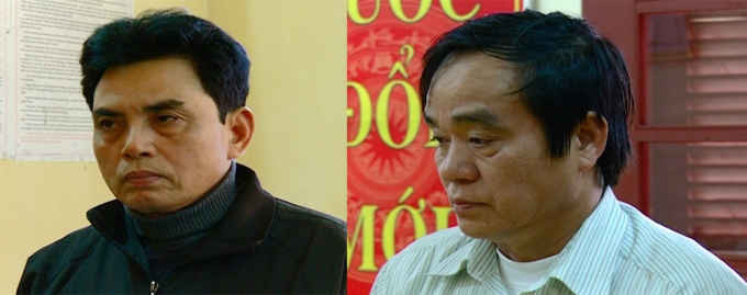 Trần Quốc Hội (trái) và Nguyễn Xuân Tỵ (phải) bị bắt để điều tra tội Làm giả con dấu, tài liệu của cơ quan, tổ chức.
