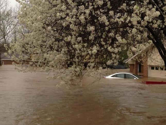 Một chiếc xe còn nằm chìm trong nước trong trận mưa lịch sử Louisiana