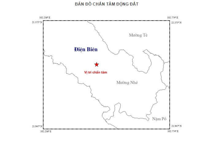 Bản đồ tâm chấn động đất tại Điện Biên (Ảnh: Viện Vật lý địa cầu) 