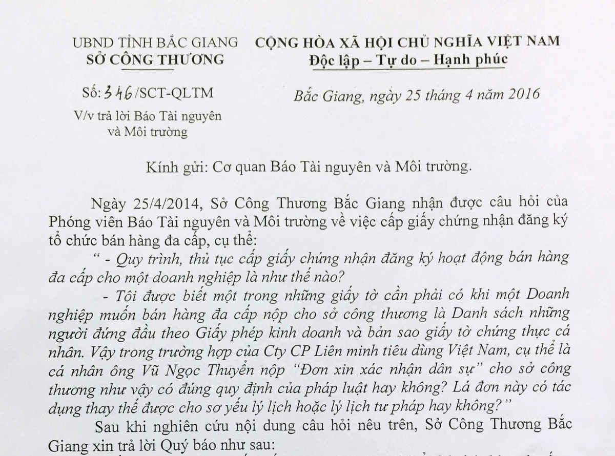 Công văn Sở Công Thương Bắc Giang gửi báo TN&MT giải thích quá trình cấp phép cho Cty Vietnet