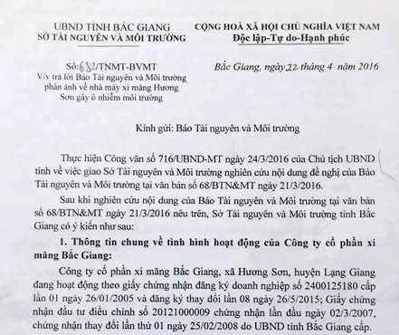 Công văn Sở TN&MT Bắc Giang gửi báo TN&MT trả lời về quá trình khắc phục các sai phạm tại Nhà máy xi măng Hương Sơn
