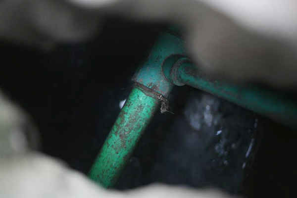 Đường ống dẫn nước được đặt đưới cống thoát nước, nước cống có màu đen và bốc mùi khó chịu