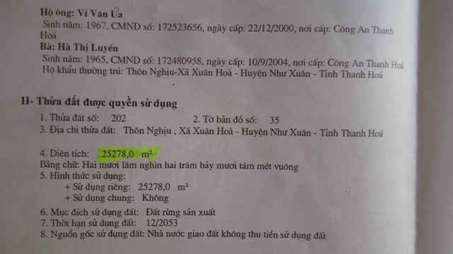 Giấy chứng nhận quyền sử dụng đất của ông Vi Văn Ứa là 25 278 m2, DT đo thực tế chỉ có 7 363 m2,