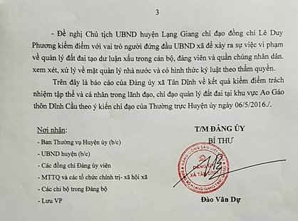 Đảng ủy xã Tân Dĩnh đề nghị Chủ tịch UBND huyện Lạng Giang phải làm rõ