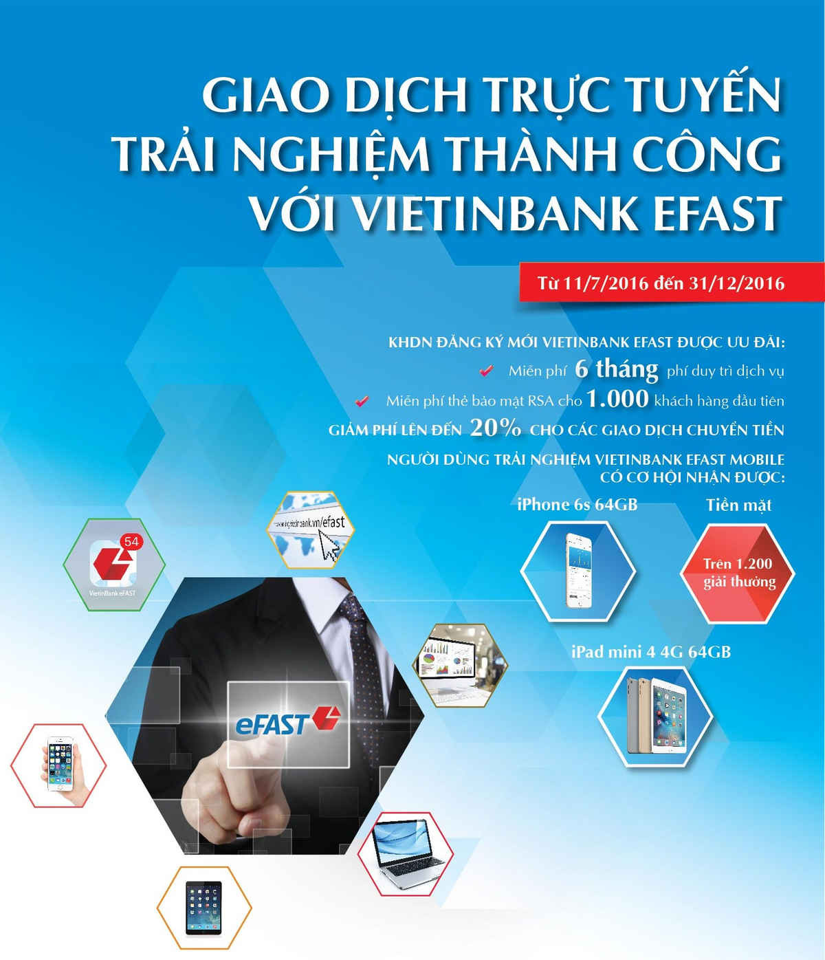 Sử dụng VietinBank eFAST, khách hàng được miễn phí dịch vụ 6 tháng và có cơ hội trúng nhiều phần quà hấp dẫn.