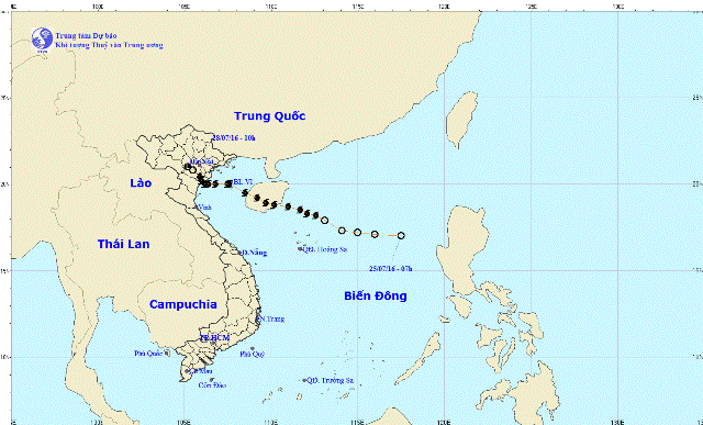 Đường đi của cơn bão số 1 được TT dự báo KTTVTW công bố theo từng giờ.