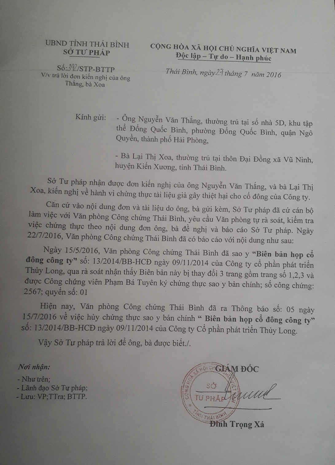 Văn bản trả lời của Sở Tư pháp tỉnh Thái Bình. 