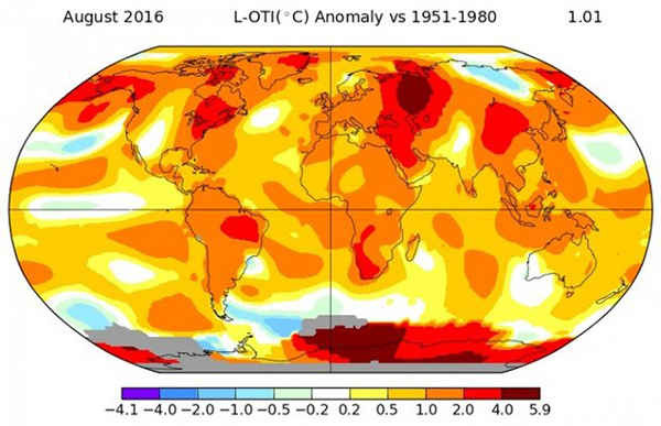 Nhiệt độ trên toàn cầu so với mức bình thường trong tháng 8/2016. Ảnh: NASA