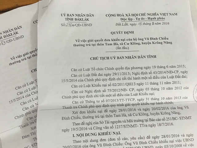 Quyết định giải quyết khiếu nại của UBND tỉnh Đăk Lắk
