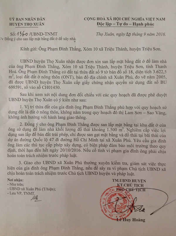 Công văn đồng ý của UBND huyện Thọ Xuân