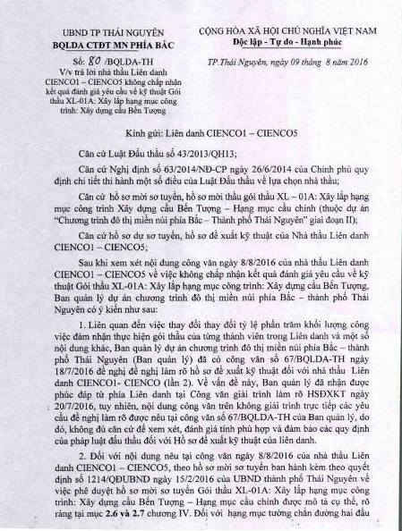 Công văn số 80 của Ban QLDA trả lời nhà thầu Liên danh Cienco1 - Cienco5