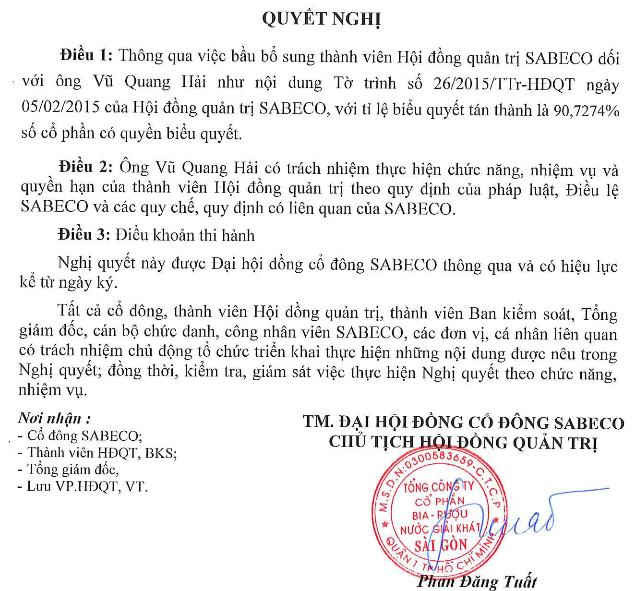 Nghị quyết 06/2015/NQ-HĐQT bầu ông Vũ Quang Hải làm thành viên HĐQT Sabeco