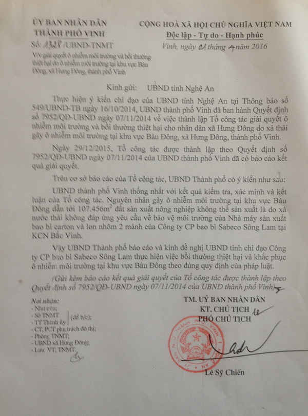 Công văn số 1328/UBND-TNMT ngày 01/4/2016 của UBND TP Vinh gửi UBND tỉnh Nghệ An