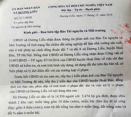 Công văn phúc đáp trả lời Báo Tài nguyên và Môi trường về việc xây dựng trái phép trên đất nông nghiệp của Chủ tịch UBND xã Dương Liễu
