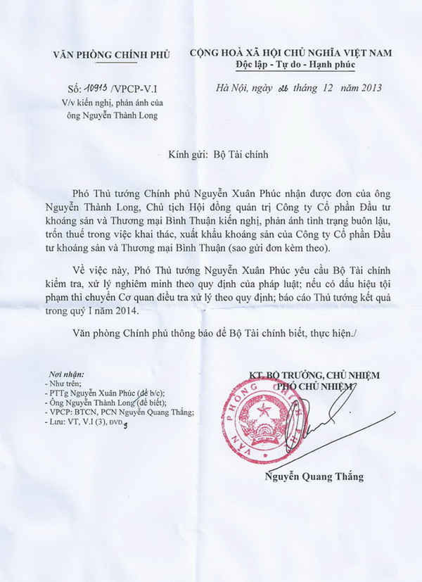 Vụ việc này cũng đã được Phó Thủ tướng Chính phủ Nguyễn Xuân Phúc (nay là Thủ tướng Chính phủ)  chỉ đạo điều tra làm rõ vào thời điểm tháng 12/2013