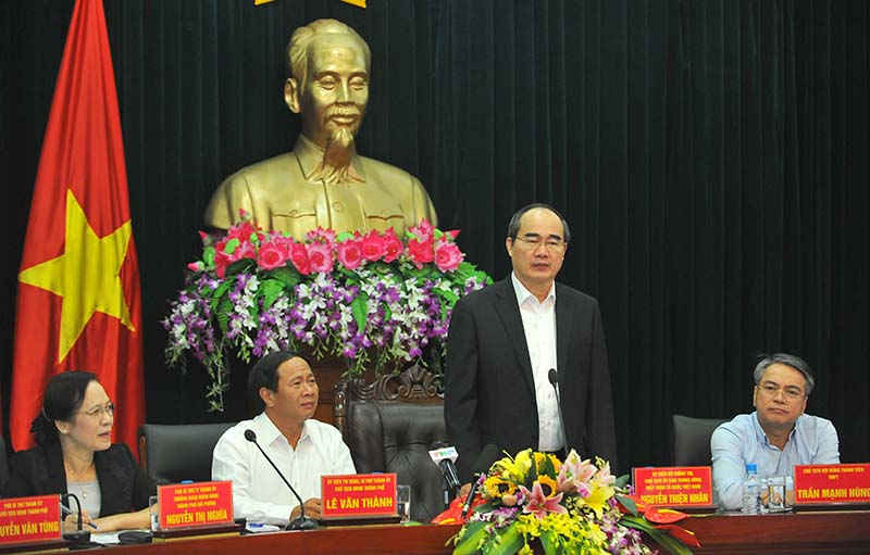 Chủ tịch Ủy ban Trung ương MTTQ Việt Nam Nguyễn Thiện Nhân phát biểu tại cuộc làm việc với Lãnh đạo TP Hải Phòng