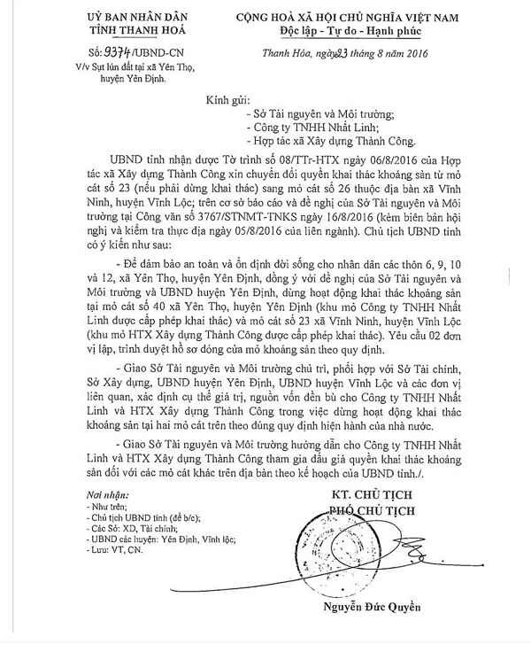 Công văn đóng cửa mỏ của UBND tỉnh Thanh Hóa