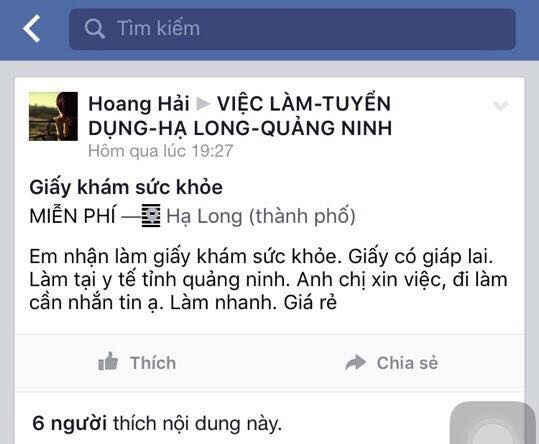 Đối tượng Nguyễn Văn Tuấn rao bán giấy khám sức khỏe trên mạng xã hội. Ảnh: Báo Giao thông