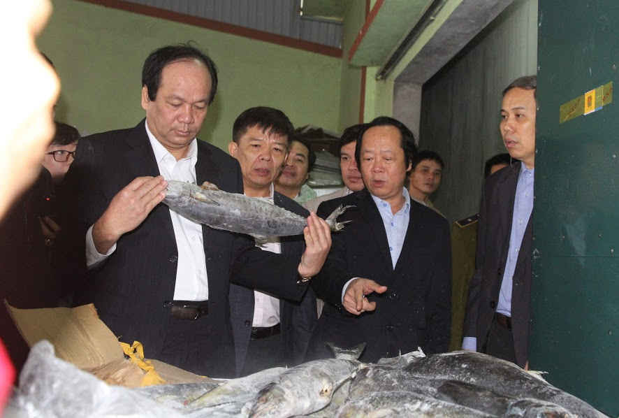 Thứ trưởng Bộ TN&MT Võ Tuấn Nhân (người thứ 2 bên phải sang) khẳng định môi trường biển miền Trung đã an toàn cho việc đánh bắt và tiêu thụ hải sản.