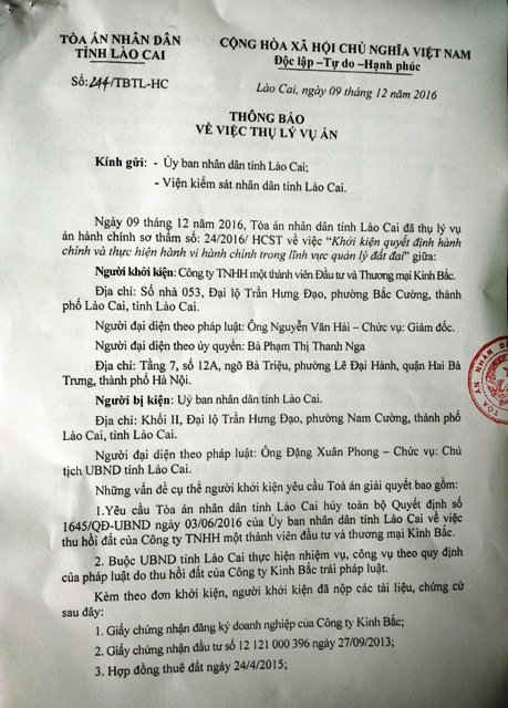 Thông báo thụ lý vụ án khởi kiện Quyết định hành chính của Công ty Kinh Bắc kiện UBND tỉnh Lào Cai 