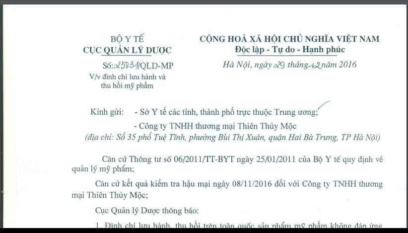 Công văn đình chỉ và thu hồi sản phẩm mỹ phẩm Menard