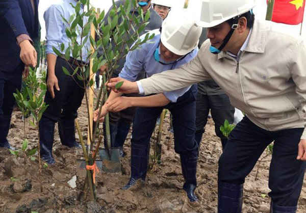 Chủ tịch UBND tỉnh Thái Bình Nguyễn Hồng Diên và Bộ trưởng trự tiếp trồng hàng chục cây trong buổi sáng 05/2