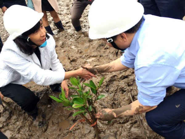Niềm vui của Bộ trưởng Trần Hồng Hà và sau khi trồng xong một cây xanh ngập mặt