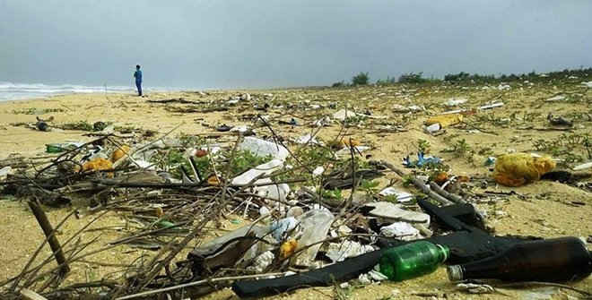 Dầu vón cục, rác thải tấp vào bờ biển huyện Núi Thành gây ô nhiễm.