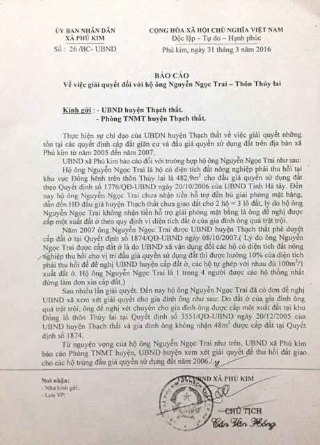 Báo cáo của UBND xã Phú Kim về vụ việc