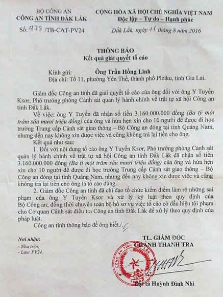 Công văn trả lời ông Trần Hồng Lĩnh xác nhận việc Y Tuyến Ksơr chiếm đoạt tiền tỷ là đúng sự thật.