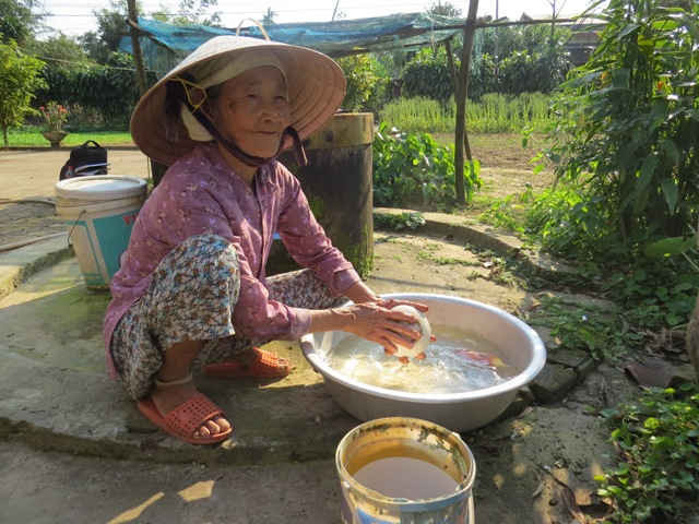 Nguồn nước nhà bà Lê Thị Hoa chỉ sử dụng để rửa chén bát và tưới cây vì nước có mùi thối không sử dụng ăn uống được