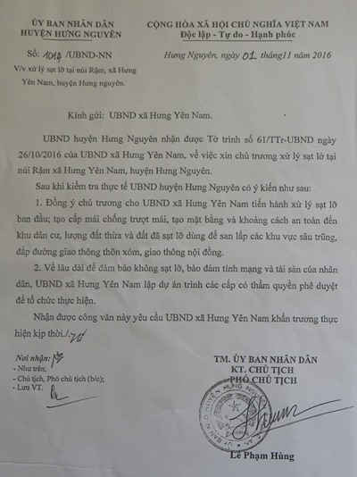 Văn bản đồng ý chủ trương xử lý sạt lở tại Rú Rậm của UBND huyện Hưng Nguyên một đàng nhưng thực hiện lại một nẻo